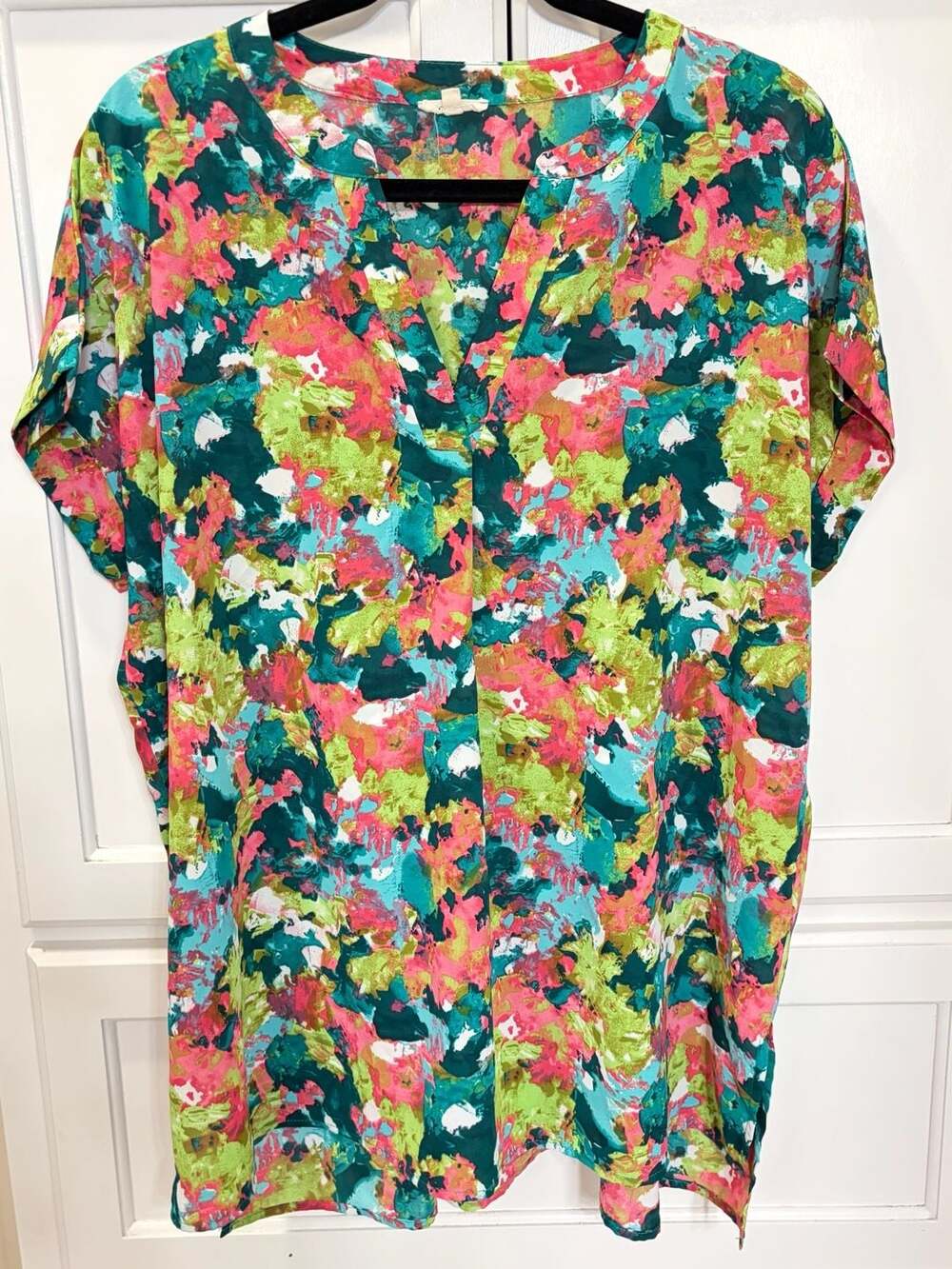Jodifl Vantage Point V-Neck Short Sleeve Abstract Floral Garden Blouse XL